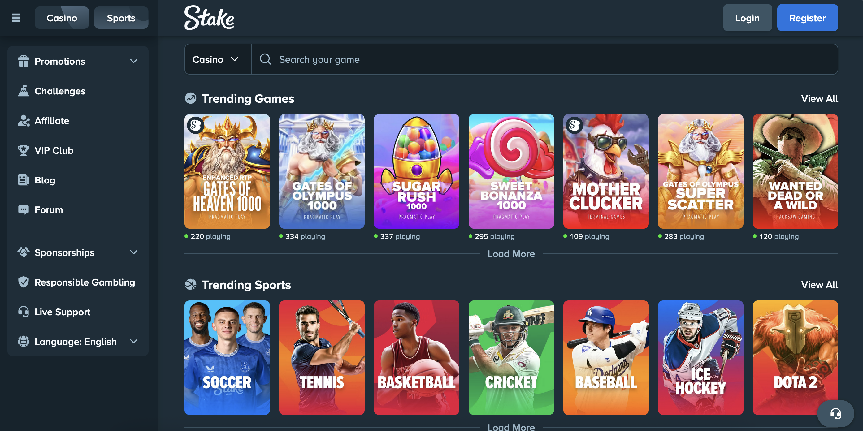Stake casino lobby showing trending games and sports in 2026