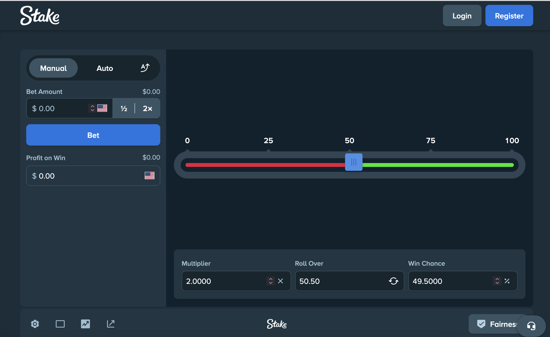 Stake Dice game — manual betting interface with 2x multiplier and 49.5% win chance