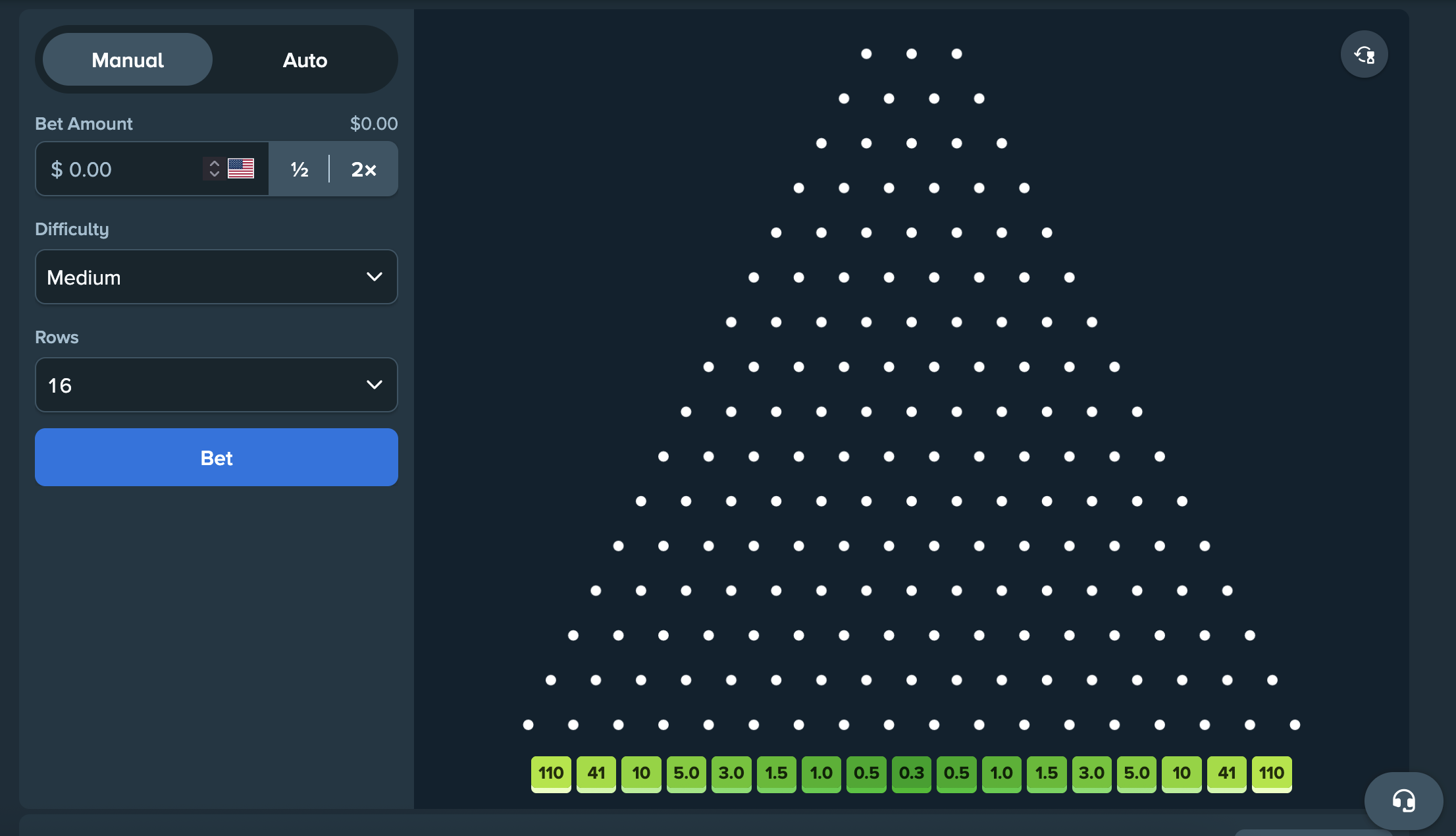 Stake Plinko game — 16 rows medium difficulty, multiplier pockets from 0.3x to 110x